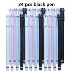 TEMU 24-pack Cat-themed Erasable Gel Pens, Fine Point, 0.5mm, For Smooth Writing, Refillable With Erasers, Ideal For Office & School Use, Applicable 14+, Plastic Material, Featherless Design