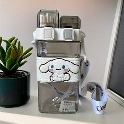 TEMU Hello Kitty 16oz Polycarbonate Water Bottle, Leak-proof With Double Straw, Pvc-free, Square Shape, Ideal For Sports, Camping, Travel, Hand Wash Only - Universal Holiday Gift