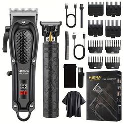 TEMU Hiena Pro 2pcs Men's Hair Clipper And Beard Trimmer Suitable For Home Use Styling Tools Usb Rechargeable Set Gift Father's Day Present