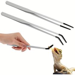 TEMU 2pcs Stainless Steel Reptile Feeding Tongs With Rubber Tips - Straight & Curved,, Ideal For Bearded Dragons & Aquariums, Reptile Feeder