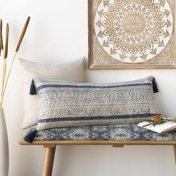 Linaon 14"L x 32"W Pillow Moroccan Plush Cotton Dark Blue/Light Beige/Navy/Peach Lumbar Pillow - Boutique Rugs