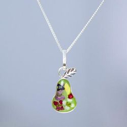 Perfect Pear,'Pear Pendant Necklace with Natural Flower Preserved in Resin'