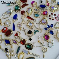 TEMU Mixed 30/50pcs Fashion Vintage Golden Large Diamond Pearl Nail Ornaments Jewelry 3d Alloy Nail Decorations For Decoratio