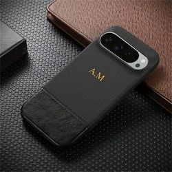 TEMU Fashion Retro Personalized Customized Initials Name Fake Leather Splicing Phone Case For Pixel 9 8 Pro Xl 8a Solid Color Shockproof Business Cover Accessories