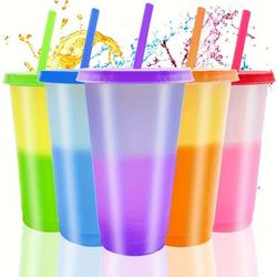 TEMU 5pcs 5-colors 720ml/24oz Color-changing Plastic Water Cup With Lid And Straw, Suitable For Parties, Travel Etc., Color When Cold