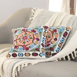Dream of Blooms,'Embroidered Floral Multicolor Cotton Cushion Cover Pair'