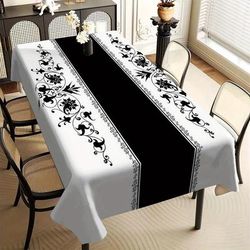 TEMU 1pc Elegant Square Tablecloth With Festive Floral And Geometric Print - Black, White, And Golden Polyester, Dining Tables, Picnics, And Holiday Party Decor, Dining Table Decoratio
