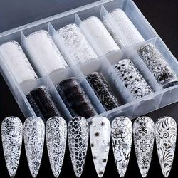 TEMU 10 Rolls Lace Nail Foil Black & White Nail Art Foil Transfer Stickers Designer Nail Foil Nail Art Foil Designs Nail Decals For Women's Acrylic Nail Art Decoration