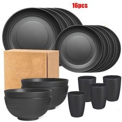 TEMU 16pcs/set Of Indestructible Plates, Shatterproof Tableware Set, Microwave Dishwasher Safe, Reusable Tableware, Black Set Of 8 Plates, 4 Bowls, 4 Cups - Suitable For Camping And Daily Use