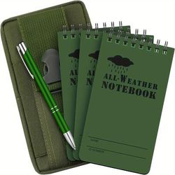 TEMU 5pcs Waterproof Notebook And Pen Set With 3 X 5-inch Pocket Tactical Notebooks, Includes 1 Metal Windproof Pen And A Fabric Case For Outdoor Activities