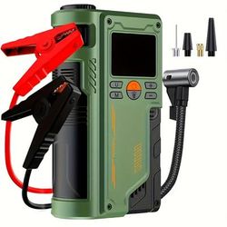 TEMU Portable Car Jump Starter With Air Pump – Digital Tire Inflator, Usb Charging, *4 Rechargeable Batteries, Compact & Versatile For Cars, Motorcycles, Bicycles – Green , Jump Starter For Outdoor