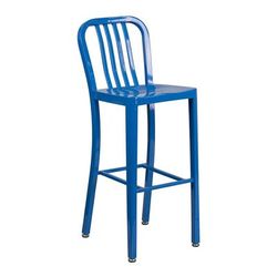 MoTak M117 Commercial Bar Stool w/ Vertical Slat Back & Metal Seat, Blue