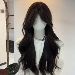 TEMU 26-inch Natural Black Long Curly Wig With Bangs - Wavy Hair For Women, Lightweight & Breathable Cap, & Parties