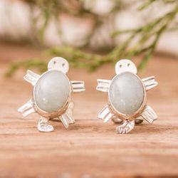 Light Green Marine Turtles,'Sterling Silver Green Jade Earrings with Sea Turtle Motif'