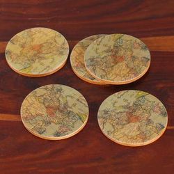 Enchanting Cartography,'5 Round Laminated Wood Coasters with Cartography Theme'