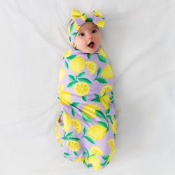 Lavender Sunny Citrus Swaddle & Luxe Baby Girl Soft & Stretchy Bamboo Bow Headbands Set - OSFA