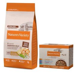 7kg No Grain Sterilised Free-Range Chicken Dry Cat Food + 12 x 85g Bites in Gravy Wet Cat Food Nature's Variety