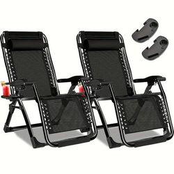 TEMU Portable 0 Folding Lounge Chairs, Set Of 2 Garden Loungers With Cup Holder Trays And Adjustable Pillow, Heavy Duty Reclining Chair For Beach Camping Patio, Poolside, Garden, Backyard, Lawn