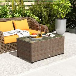 TEMU Outdoor Coffee Table, Pe Rattan Side Table With Tempered Glass Top, Wicker Rectangular Table End Table With For Patio, Balcony, 90 X 50 X 38cm, Brown