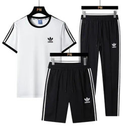 Adidas Sports Suit Men and Women Elastic Waistband Stripe Short-Sleeved T-shirt Long Pants and Short Pants Black White