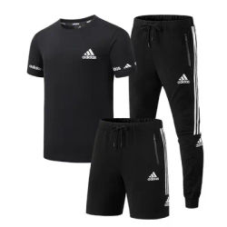 Adidas Men's Exercise Sets, Casual, Breathable, Three-piece Suit, Short-Sleeved T-shirt, Long and Short Pants, Black/Blue/White