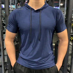 GYM Sport Hooded Running Men T shirt Fitness Slim High Elasticity Breathable Quick Dry Bodybuilding Mens Tshirt Men Tee Tops
