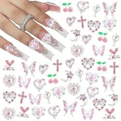TEMU 24pcs Nail Art Charms Set, Y2k Alloy Rhinestone Jewelry, 3d Bow Cherry Gems, Shiny Nail Decor Accessories, Unscented