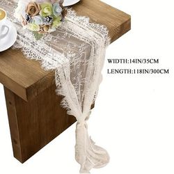 TEMU Elegant White Lace Table Runner 14 X 118 Inch – Embroidered Boho Style With Tassels For Wedding, Bridal Shower, And Vintage Rustic Decorations, Wedding Decorations