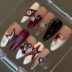 TEMU 10pcs Handmade Fashionable And Black Billiard Dice Bow Rhinestone Short Almond Fake Nails Set With Jelly Glue And Nail File Included, Perfect Gift For All S And Women