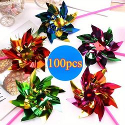 TEMU 100pcs Colorful Plastic Wind Spinners With Laser Sequins - Diy Assembly Garden Decor For Yard, Fence, Railing, Tree - No Electricity Needed