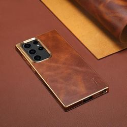 TEMU High-end Electroplated Gold Edge Mobile Phone Case Suitable For S23/s23ultra/s24/s24ultr/s25/s25ultra/retro Horsehide Pattern Leather Shell