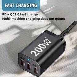 USB C Fast 200W 6-Port Charger - Fast GaN Power Adapter for iPhone 14/13/12 Series, Samsung Galaxy S23/S22/S21
