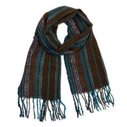 Andean Landscapes,'Brown Aqua Handwoven Striped Fringed Baby Alpaca Blend Scarf'
