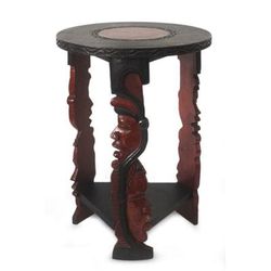 Wood accent table, 'Ancestral Faces' - Handcrafted Wood End Table