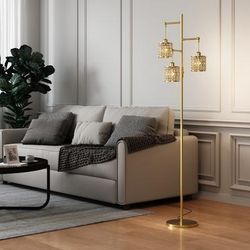 TEMU Floor Lamp For Living Room, Dimmable Standing Lamp, 3 Bulbs Included, Standing Tree Lamp With Wire Cage Lampshade For Bedroom Study Home Decoration, Black