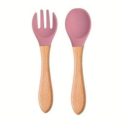TEMU 2pcs Silicone Feeding Set, Spoon Fork With Wooden Handle, Self-feeding Utensils, Bpa Free
