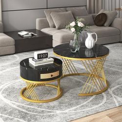TEMU Btm 2-in-1 Round Coffee Table Made Of Mdf With Marble Grain Veneer Top, Rattan Drawers And Solid Wood Handles. Gold Coloured Iron Legs. 70*70*45.5+50*50*38.5cm