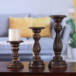 Rustic Charm,'Set of 3 Hand-Carved Mango Wood Candle Holders in Brown'