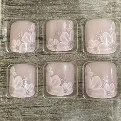 TEMU 24pcs Handmade Floral Glitter Press-on Nails - Square Short Reusable Nail Art Stickers With Pink Flowers & Rhinestones For Feet, Elegant Design For Parties Weddings
