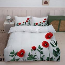 TEMU 3pcs White Red Poppy Flower Print Bedding Set (1duvet Cover + 2 Pillowcases, Without Core) For Bedroom Decor