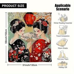 TEMU 1pc Geisha Print Flannel Throw Blanket - Vibrant Japanese- With Traditional Geishas, Cherry Blossoms & Lanterns - Bed, Couch, Camping, And Office - Cozy Gift