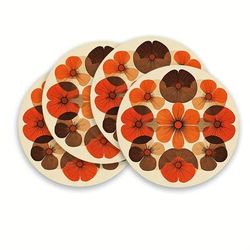 TEMU 4pcs 70s Retro Floral Round Placemats 15 Inch - Vibrant Orange & Brown Polyester Table Mats For Kitchen Dining, Party Decor, Hand Wash Only, Decorative Tableware, Smooth Texture
