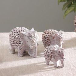 Royal March,'3 Elephant Jali Openwork Hand-Carved Soapstone Figurines'