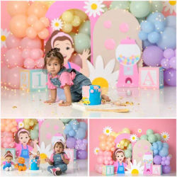 Ms Rachel Daisy Fun Backdrop Kids Birthday Cake Smash Photography BackgroundsPink and Blue Balloons Photo Banner Studio Props