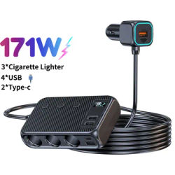 171W Car Charger Adapter 9 in 1 Cigarette Lighter Splitter PD30W/QC 3.0 Independent Switches 12V/24V DC Cigarette Outlet