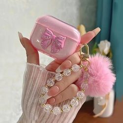 TEMU Transparent/pink Knot Fleece Earphone Case, Tpu Protective Shell, Soft, Lightweight, Water-resistant, Scratch Resistant, With Chain, For Iphone, For Airpods 1/2/3/4/ 2, As Gift For Family