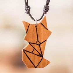 Feline Friend,'Abstract Cat-Themed Reclaimed Wood Pendant Necklace'