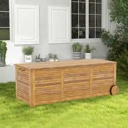 TEMU Goflame Outdoor Storage Box W/ Wheels,182 L Acacia Wooden Patio Storage Deck Box With , 1 Handle, Water-resistant Inner Bag, Wooden Garden Organizer For Patio, Lawn, Backyard