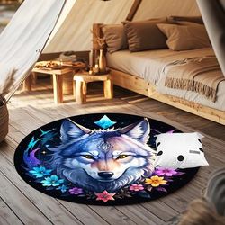 TEMU 1pc, Wolf Round Rug, Polyester Fiber, Non-slip Backing, Indoor/outdoor Patio Camping Mat, Decorative Floor Mat For Living Room Bedroom, Tent Footprint Doorway Rug