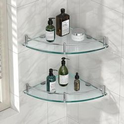 TEMU Tempered Glass Corner Shelves 2pcs Rustproof Wall Mounted For Bathroom & Shower, Edgeless Glass Edges, Heavy-duty Construction, Tool-, Adjustable Placement, Hygiene Boost